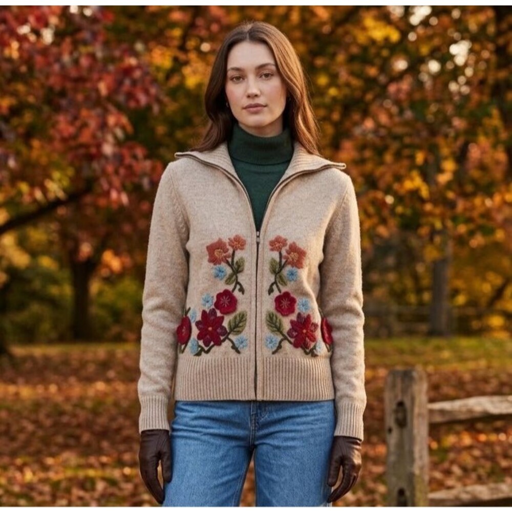 VTG Tiara Embroidered Floral Cardigan Sweater Womens S Oatmeal Ramie Cotton Zip